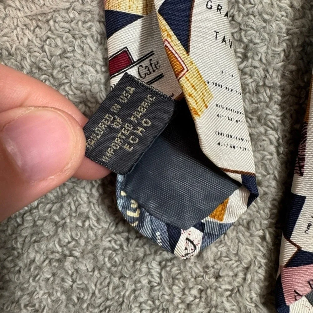 Echo Silk Tie Mens Navy Blue NYC Restaurant Business Card Novelty Print 57x3.75